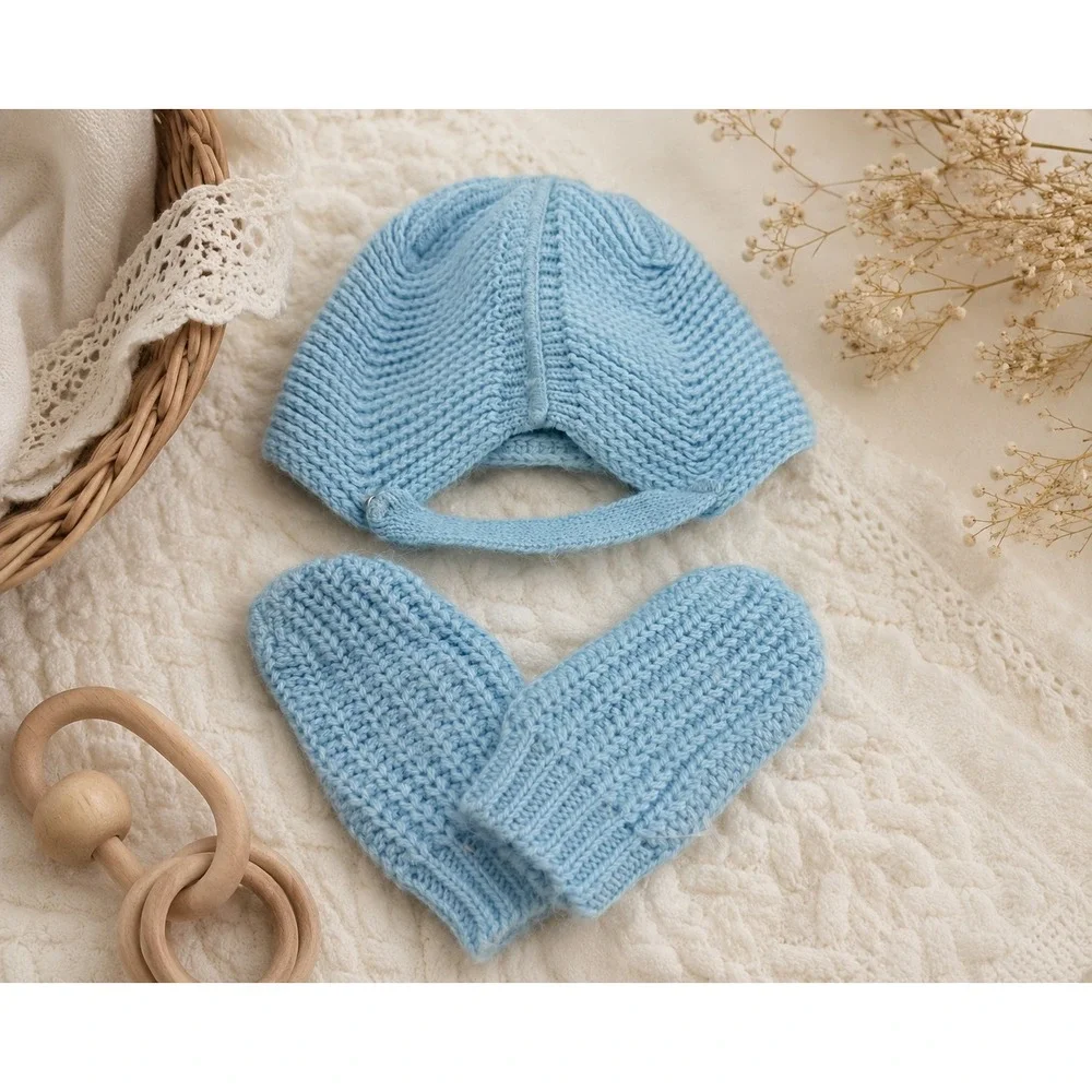 Hand Knit Baby Bonnet Mitten Set Blue Newborn Infant‎ Vintage Style